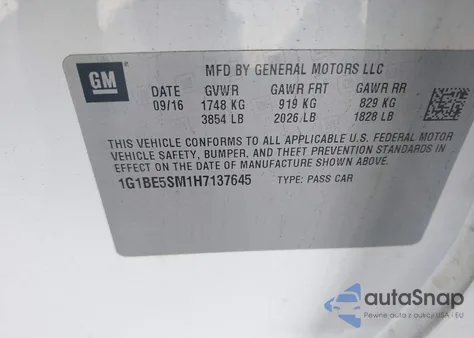 2017 Chevrolet Cruze Lt Auto из США, поврежденный, VIN 1G1BE5SM1H7137645